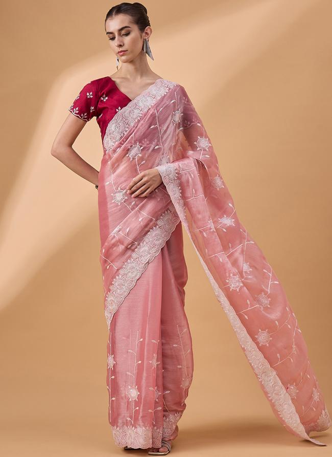 Organza Peach Party Wear Embroidery Work Saree